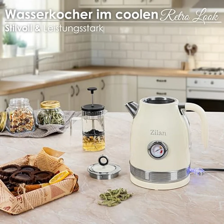 Zilan Retro Wasserkocher Edelstahl 1,7L, kabellos mit 360° Basis, 2200W, verdecktes Heizelement, Abschaltautomatik, Trockenlaufschutz, Ein/Aus-Schalter mit blauer LED – Bild 2