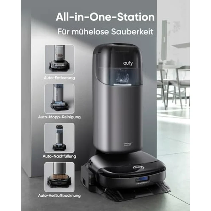 eufy S1 Pro Saugroboter All-in-One-Station mit Wischfunktion und 8.000Pa Saugleistung, Always Clean Mop, Auto anhebende Rollmopp Bürste - Schwarz – Bild 3