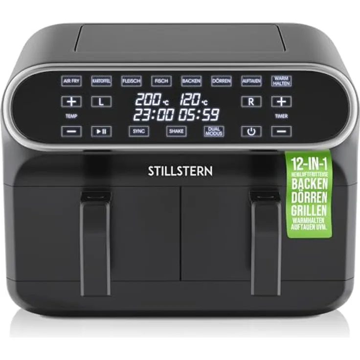 Stillstern Heißluftfritteuse Dual Zone 8L [2x 4L] mit Gleiches-Ende & Shake Funktion, 120 Rezepte [DEUTSCH], 8 Programme, Dörren, Auftauen&Warmhalten, 1700W Heissluftfritteuse Air Fryer XXL ohne Öl