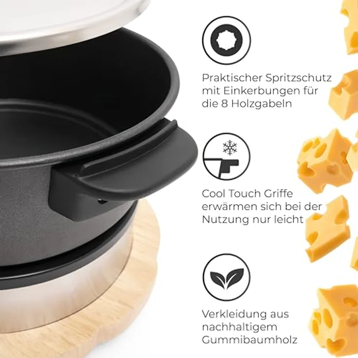 KLAMER Elektro-Fondue Set für bis zu 8 Personen, 1300W, Holzdesign, 1,5L Aluguss-Topf – Bild 4