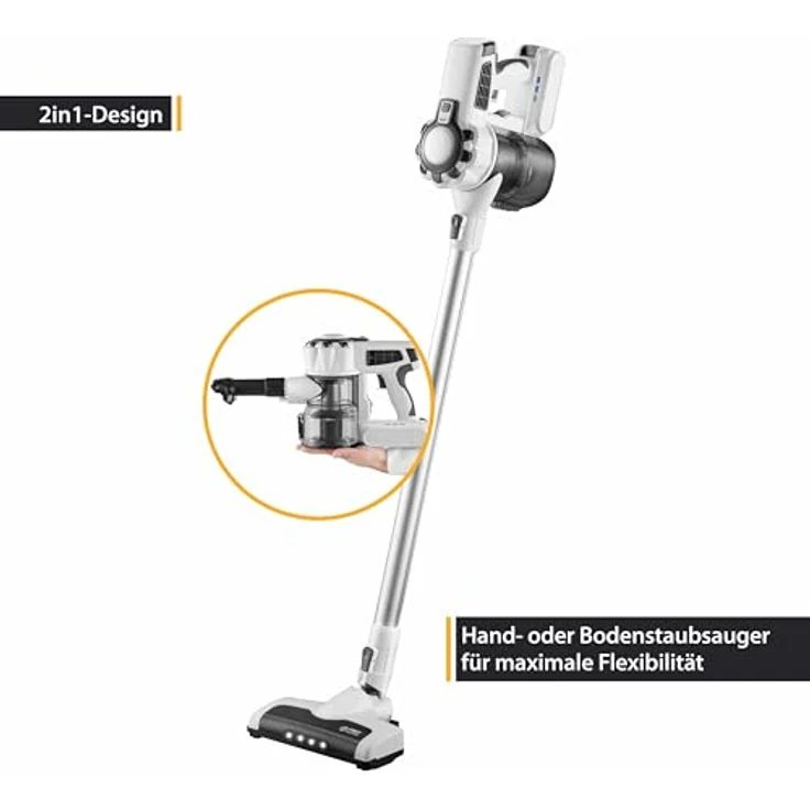 TZS First Austria Akku Handstaubsauger | LED Beleuchtung | bis zu 40 min Akkulaufzeit | HEPA-Filter | 2-in-1 | Wandladestation | 0,5l Staubbehälter | weiß/grau – Bild 2