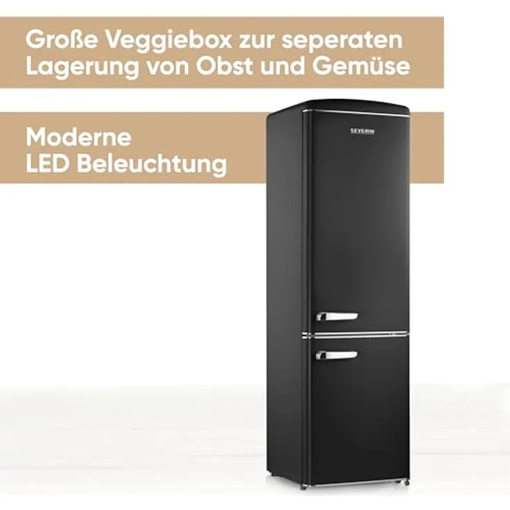 SEVERIN Retro Kühl- & Gefrierkombination RKG 8918, schwarz mit Chrom-Applikationen, LED-Beleuchtung, 244 L Nettovolumen, nur 39 dB – Bild 2