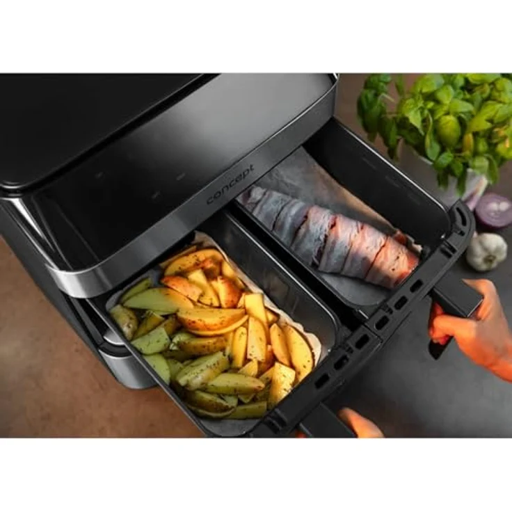 Concept FR9000 PIZZA TRIO, Heißluftfritteuse mit 2700 W, 18,5 l Volumen, synchronisiertes Garen, 8 Programme, Edelstahl/Schwarz – Bild 9