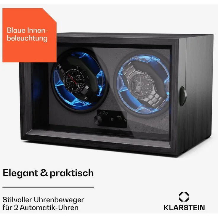 Klarstein Uhrenbeweger Brienz 2, Automatik-Uhrenbeweger für 2 Uhren, Blaue LEDs, 3 Rotationsarten, 4 Geschwindigkeiten