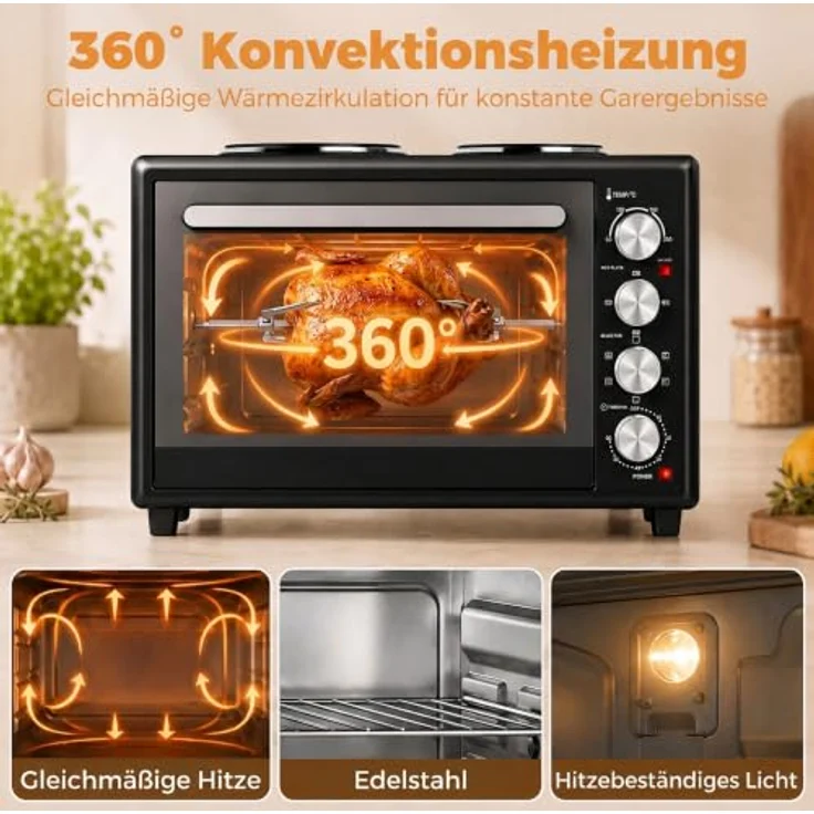 HOMCOM Minibackofen mit Umluft und 2 Kochplatten, 36L, 90-230℃, 60-Min.-Timer, Schwarz – Bild 7