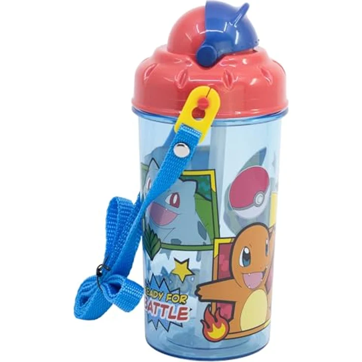 POKEMON JUEGO DE CARTAS Trinkflasche, 450 ml, mit Trageband und integriertem Strohhalm, Blau – Bild 3