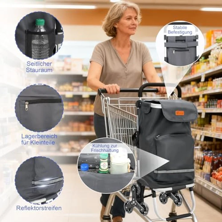 Sekey XXL Einkaufstrolley Treppensteiger mit 3 Rädern, Aluminium 3-in-1 Trolley, höhenverstellbarer Griff, inklusive Kühlfach und Getränkefach, grau – Bild 4