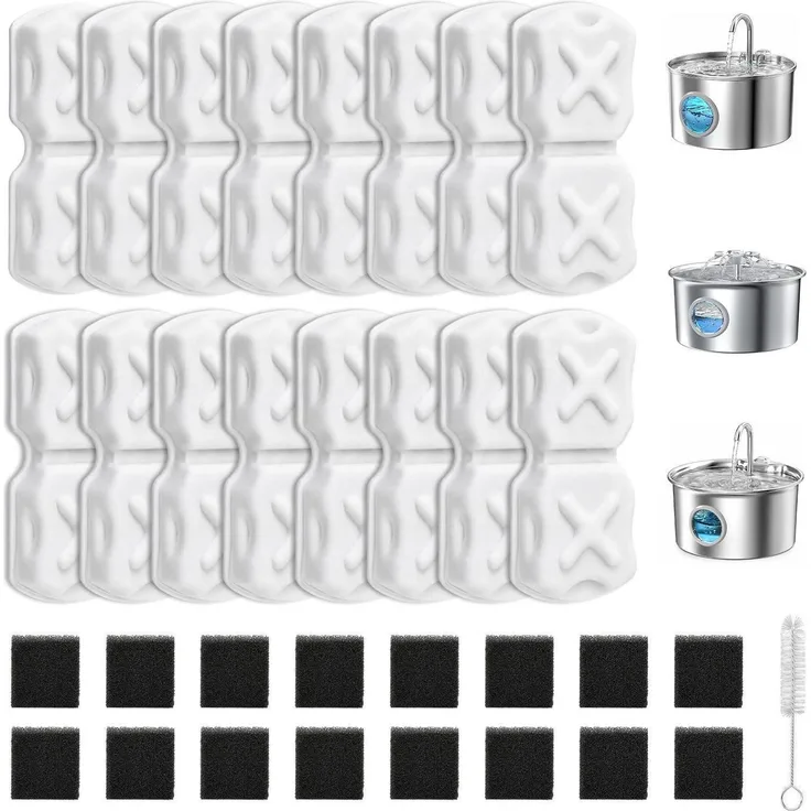 Vindox Katzenbrunnen Filter Set, 32 Stück Aktivkohle & Schwamm für 2L/2.6L/3.2L Edelstahl Trinkbrunnen, mehrstufige Filtration, hygienisch einzeln verpackt