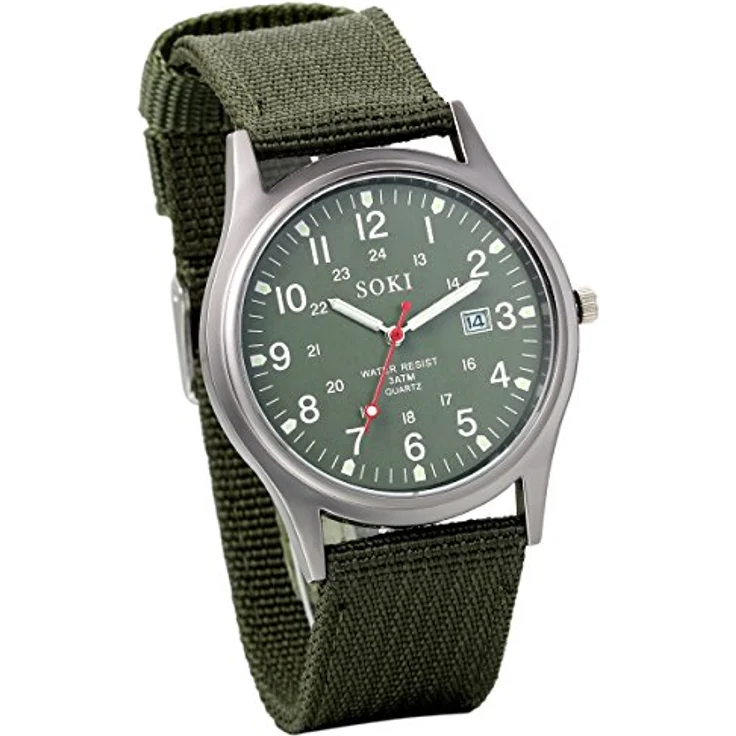 JewelryWe Militär Uhr Herren, Analog Quarz mit 12/24H, Datum und Leuchtzeigern, Armeegrün Nylon Armband, 10m wasserdicht – Bild 1