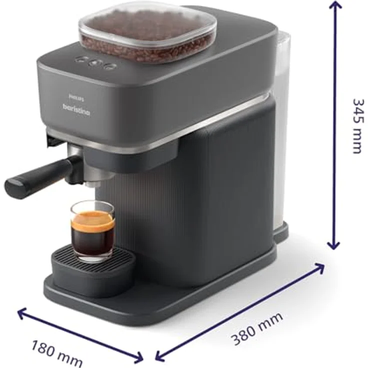 Philips Baristina Espressomaschine - Real Espresso, made simple. Kompakte Kaffeemaschine, Schwarzgrau mit schwarzgrauem Siebträger, 16-bar-Pumpendruck, automatisches Mahlwerk, Cafe Crema (BAR300/60) – Bild 3