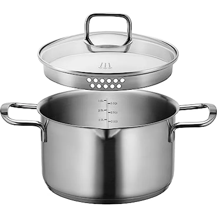 MÄSER Sanvito, Kochtopf 20cm mit Glasdeckel und praktischem Ausgießer, kleiner Edelstahl Topf mit Siebdeckel und Literskala, geeignet für Induktion, Edelstahl 18/10