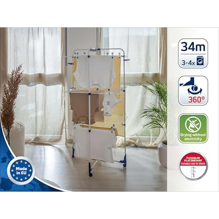 Leifheit Turmtrockner Classic Tower 340 mit Rollen, 34m Leinenlänge für 3-4 Waschmaschinenladungen, platzsparender Wäscheturm mit drei Ebenen, halbseitig abklappbarer Turmwäscheständer für die Dusche – Bild 3