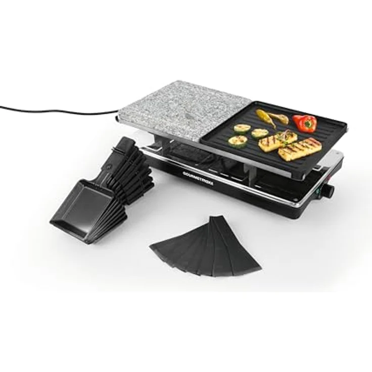GOURMETmaxx 2-in-1 Raclette Set 8 Personen, elektrisch mit Temperaturregelung, Naturstein- und Aluminiumplatte, inklusive 8 Pfännchen & Schabern – Bild 3
