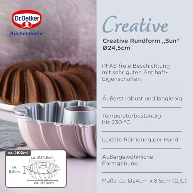 Dr. Oetker Creative Rundform Sun – Hochwertige Gugelhupf Backform, Antihaftbeschichtung, Rose-Gold, Ø 24 x 8,5cm, 2100ml, Hitzebeständig bis +230°C – Bild 2