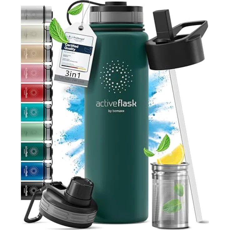 BeMaxx ACTIVE FLASK, Edelstahl-Trinkflasche isoliert mit 3 Deckeln, BPA-frei, auslaufsicher, kohlensäuregeeignet, 680ml, inkl. Strohhalmverschluss – Bild 1