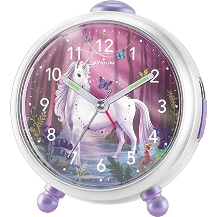 Atrium Kinderwecker Miraluna, Lautloser Quarzwecker mit Einhornmotiv, Licht und Snooze, lila-rosa-weiß, 11,5 x 11 x 7 cm