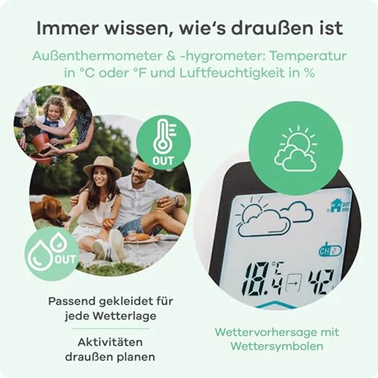Mebus Wetterstation Modell 11908, digitale Anzeige mit Innen- und Außensensor, Wettervorhersage, Mondphasen, Wecker und Displaybeleuchtung, Schwarz, 16 cm – Bild 3