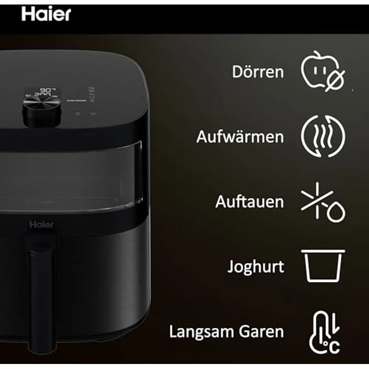 Haier Heißluftfritteuse mit Glasfenster I Airfryer mit 9 Programmen & 7 Liter Fassungsvermögen I 1700W Fryer mit LED Display I Fritteuse Heißluft ohne Fett I spülmaschinenfest [Serie 5 - HAF5TWA] – Bild 4