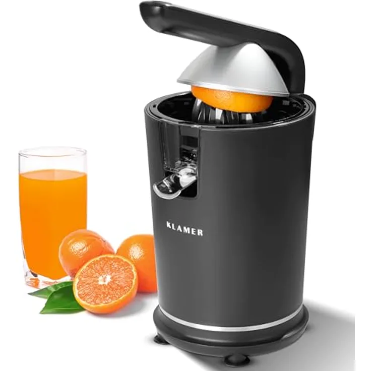KLAMER Elektrische Saftpresse mit zwei Presskegeln, Zitruspresse für Orangen, Zitronen, Limetten & Grapefruit, BPA frei, spülmaschinengeeignet, hohe Saftausbeute
