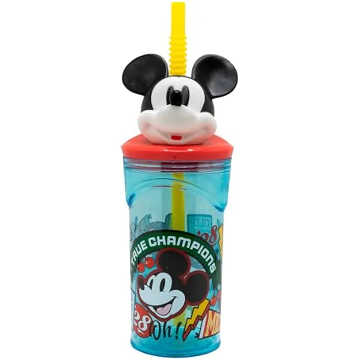 Disney Mickey Mouse 3D Trinkflasche Becher, 360 ml mit Strohhalm & Mickey Kopfdeckel, True Champions Design