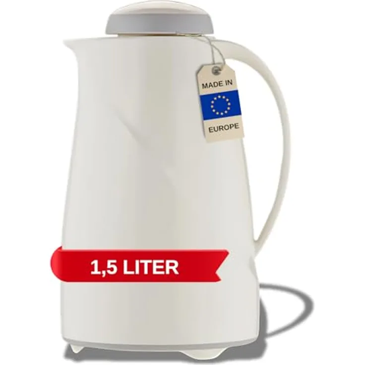 Helios Wave Thermoskanne Weiß 1,5L-6h Hält Getränke heiß & kalt Spülmaschinenfest - Kunststoffmantel - Ideal für Kaffee & Tee