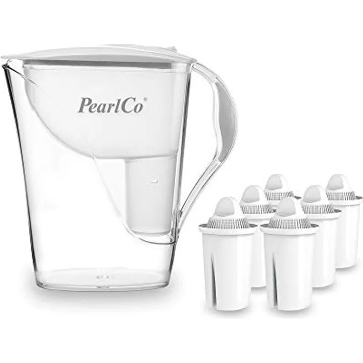 Fashion-Wasserfilter PearlCo (weiß) mit 6 Classic Filterkartuschen - Reduzierung von Kalk, Chlor, Blei & Kupfer - kompatibel zu Brita Classic - Made in EU