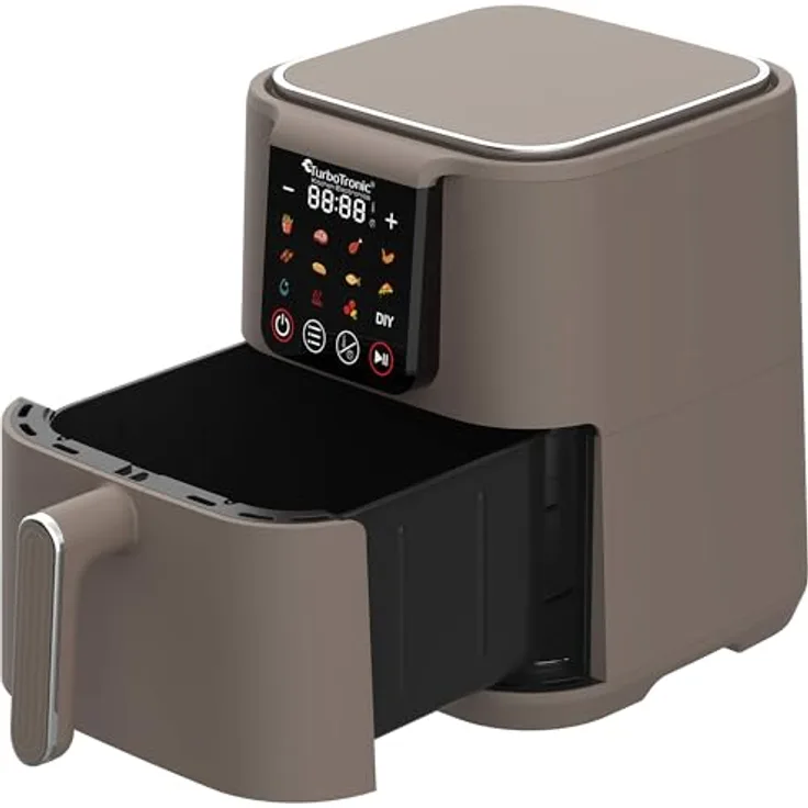 TurboTronic Heißluftfritteuse XL 6Liter 0,6kg Pommes mit Silikoneinlage 12 Programme digital Touch-Steuerung 1500W Power Airfryer 40-200°C Luftfritteuse Air Friteuse ohne Fett/Öl Grill, Silber