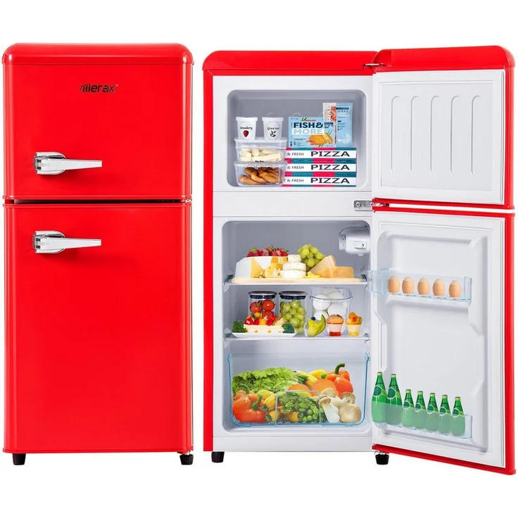 Merax BCD-86, Retro Minikühlschrank in Rot, 60 L Gesamtvolumen, 38 L Kühlfach, 22 L Gefrierfach, Energieeffizienzklasse F