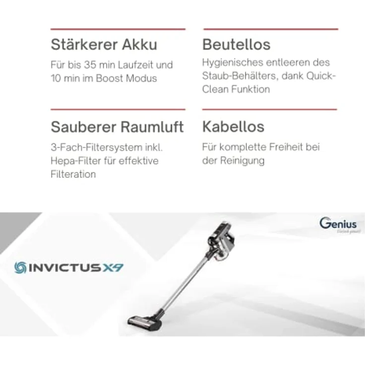 Genius Invictus X9 Handstaubsauger, 35 min Akkubetrieb, Zyklon-Technologie, 180° Drehgelenk, Set 13-tlg. – Bild 4