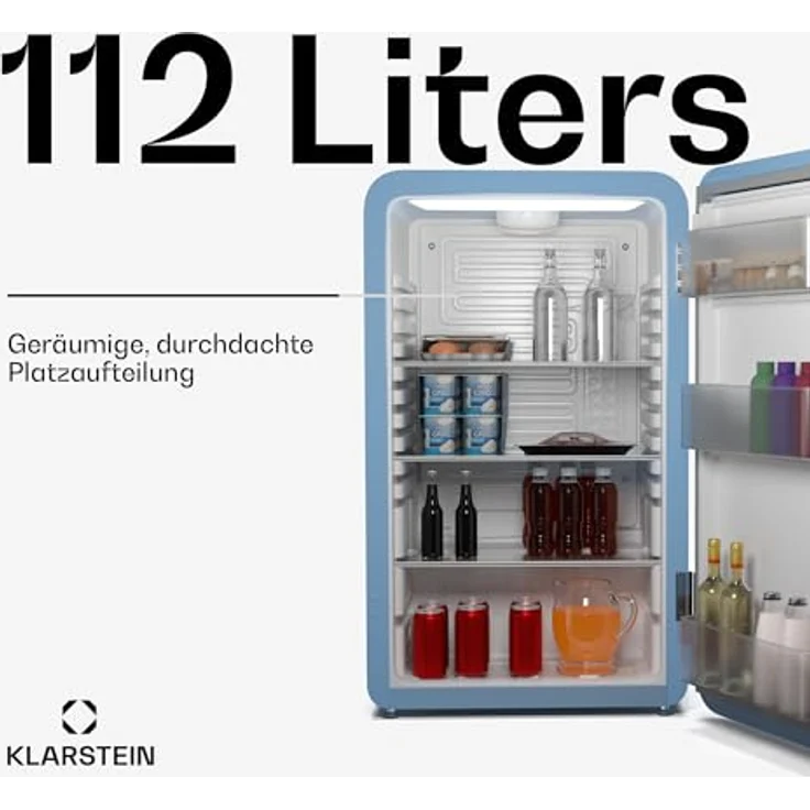 Klarstein Audrey Evo 112L Retro Mini-Kühlschrank, leise 40 dB, wendbare Tür, verstellbare Füße, blau – Bild 2