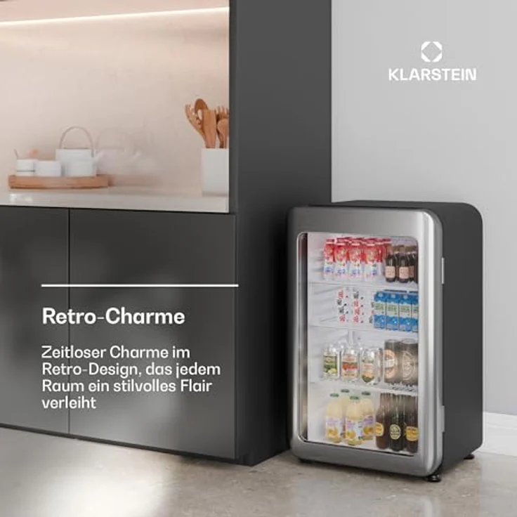 Klarstein Audrey Evo Getränkekühlschrank, 93 Liter, retro Design, energieeffizient, 82.5 cm hoch, 49.5 cm breit, mit Glastür und LED-Beleuchtung – Bild 3
