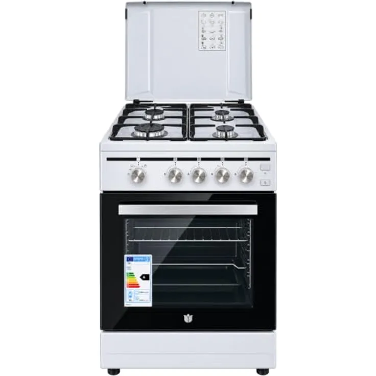 Gasmann Gas-Standherd, 4 Flammen, Gasbackofen 47L, Gasgrill und Drehspieß, E-Zündung, Flammensicherung, Guss-Topfträger, Weiß