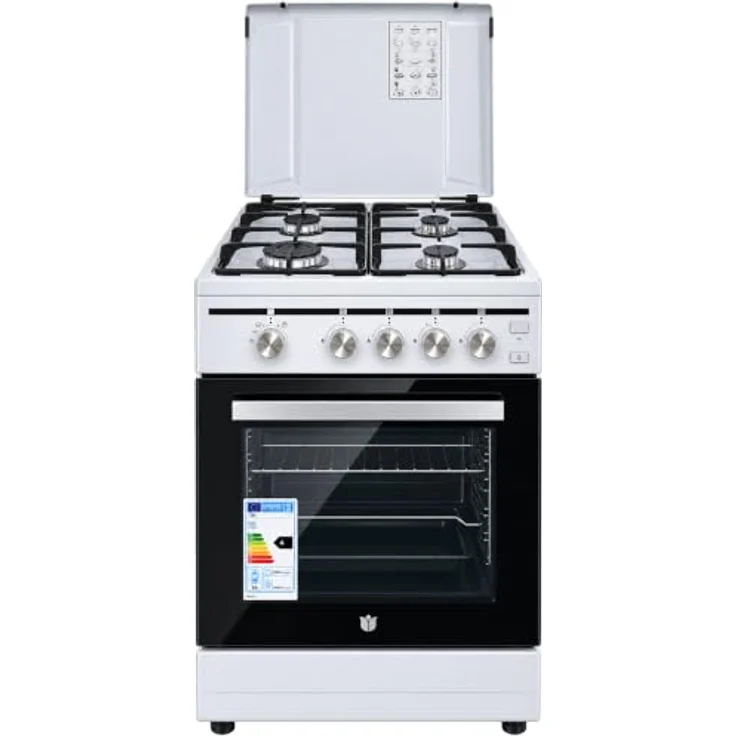 Gasmann Gas-Standherd, 4 Flammen, Gasbackofen 47L, Gasgrill und Drehspieß, E-Zündung, Flammensicherung, Guss-Topfträger, Weiß – Bild 1