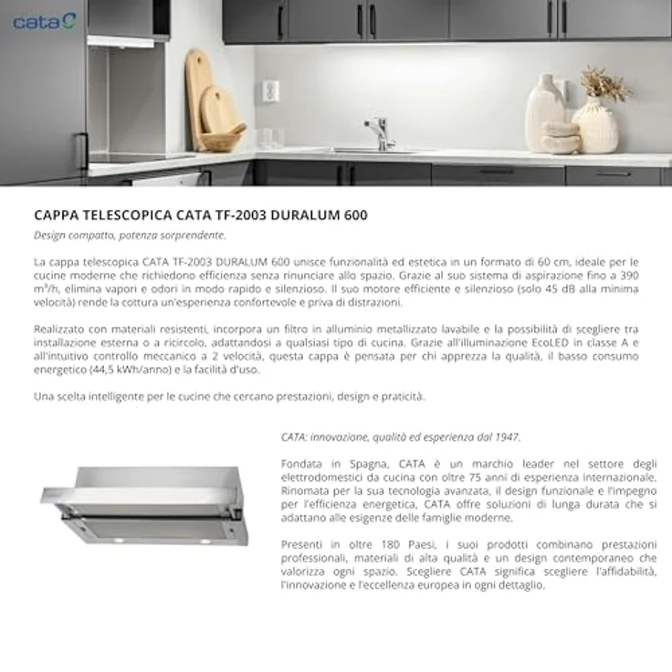 Cata TF-2003 Duralum 2017305 Dunstabzugshaube, C, Abluft und Umluft, Breite 60 cm, 2 Gebläsestufen – Bild 10