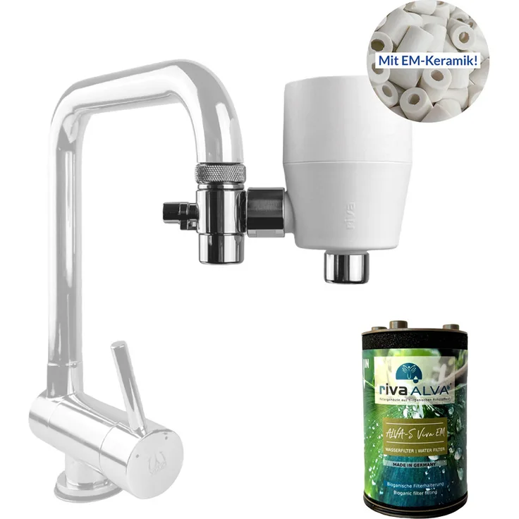 Riva rivaALVA-S Viva EM Wasserfilter am Wasserhahn mit EM Keramik - Weiß, Premium Blockaktivkohle, umweltfreundlich, einfache Installation
