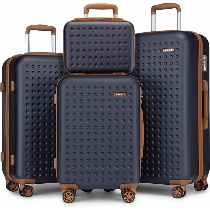 KONO Hartschalenkoffer Reisekoffer Trolley 100% ABS, Handgepäck, dunkelblau/braun, 4-teilig