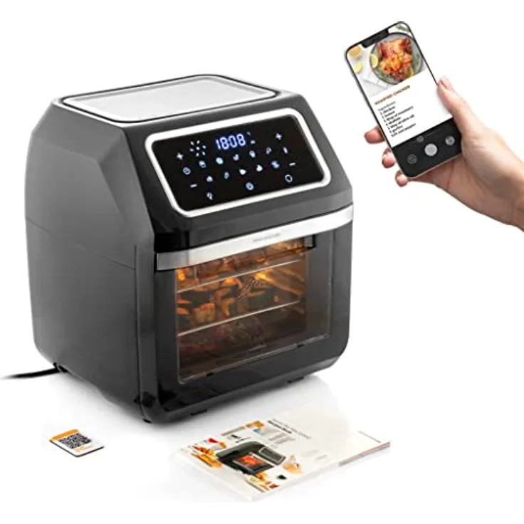 InnovaGoods® Fritteuse ohne Öl, 12 l, 1800 W, mit +100 Rezepten in ES. Luftfritteuse mit 8 Zubehörteilen, 10 Programme, Touchscreen, Timer, Heißluftofen mit Fenster und Innenbeleuchtung