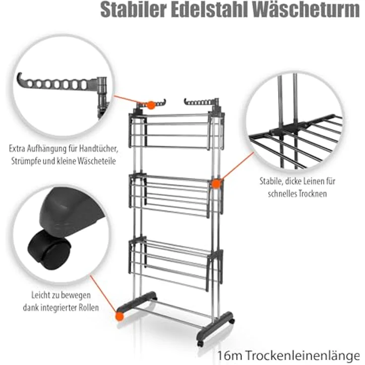 BigDean Wäscheständer Turm 16m Trockenlänge mit 3 Ebenen und 4 Rollen in Grau - Platzsparend und vielseitig einsetzbar – Bild 2