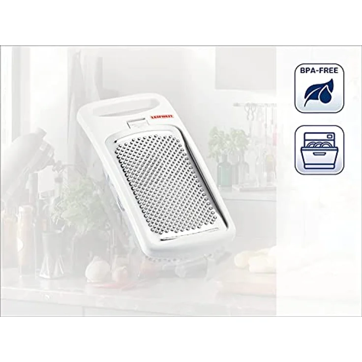 Leifheit Muskatreibe ComfortLine-Serie mit extra gehärteten Edelstahlklingen, rostfrei, spülmaschinenfest, auch für Parmesan geeignet, Muskatnuss Reibe mit Auffangbehälter, Ingwerreibe, Raspel, Hobel – Bild 2