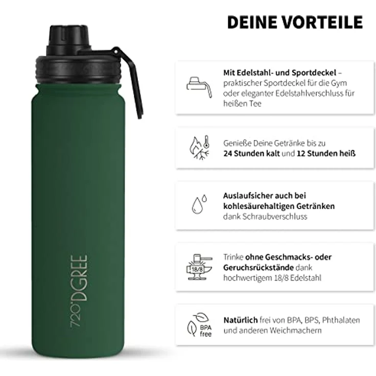 720°DGREE Edelstahl Trinkflasche Kinder 410ml “noLimit” - Auslaufsicher, für Kohlensäure, BPA-Frei, mit Schraubverschluss und Gratis Sportdeckel – Bild 2