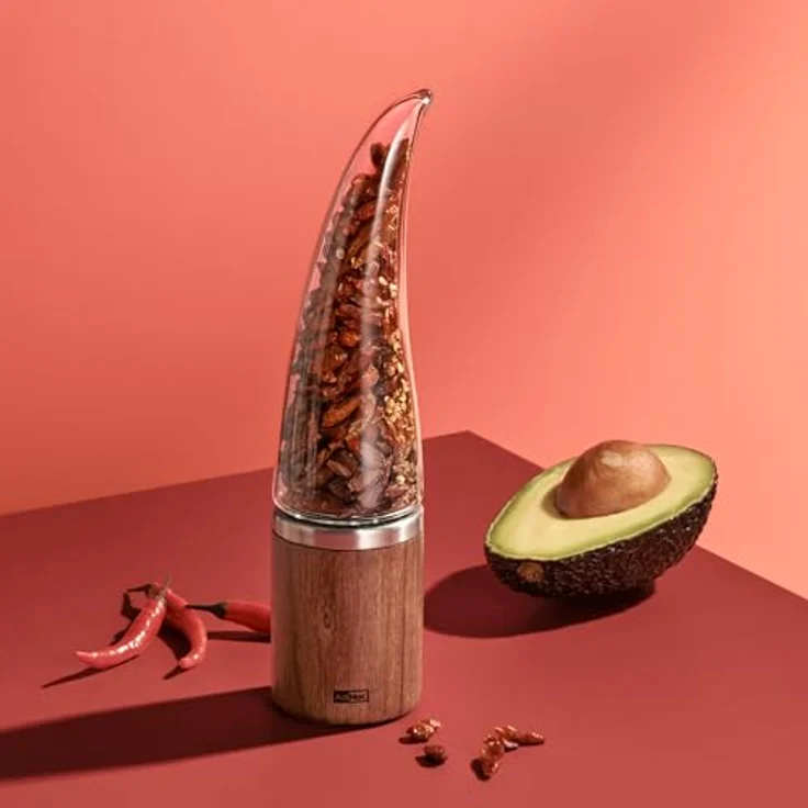AdHoc Chilimühle Peperone Modell 2025, manuelle Gewürzmühle mit patentiertem Schneidwerk, Glasbehälter und edlem Akazienholz-Außenfinish – Bild 4