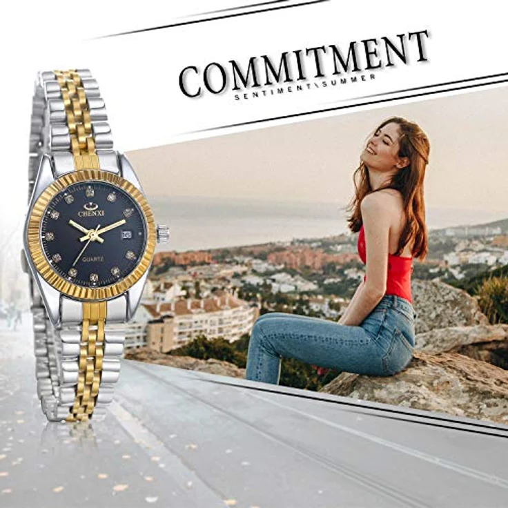 JewelryWe Paar Uhr Analog Quarz mit Kalender, 30M wasserdicht, Edelstahlarmband, Damen und Herren, schwarz Strass Zifferblatt – Bild 3