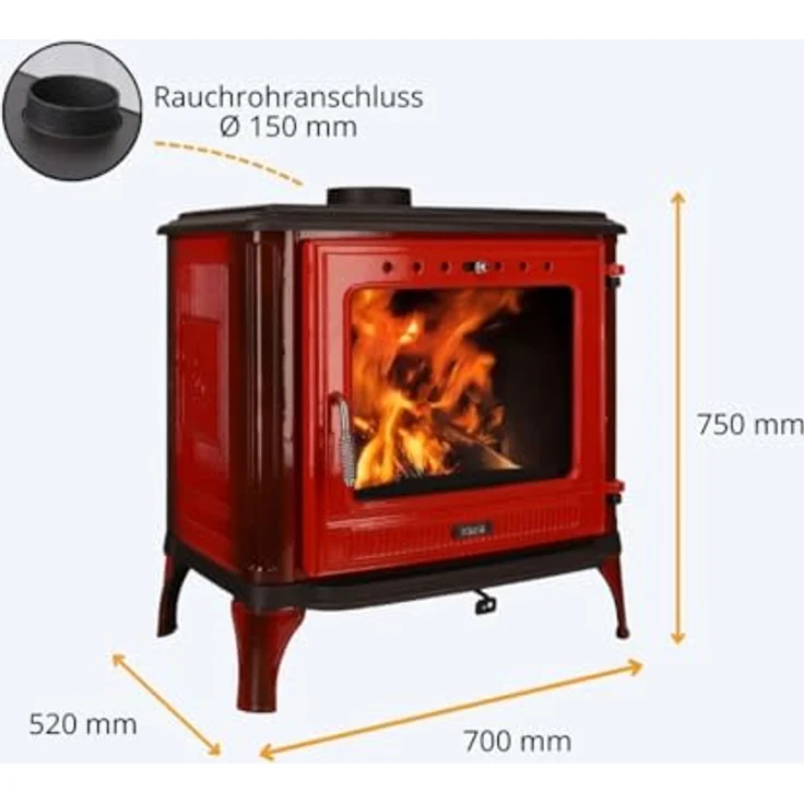 365® Kaminofen Ferrox 75, rot emailliert, 10,5 kW Nennwärmeleistung, Gusseisen, Scheibenspülung, Aschekasten – Bild 3