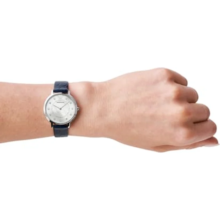 Emporio Armani Damen Uhr AR11095, 32mm Silbernes Edelstahlgehäuse mit Blauem Lederband – Bild 2