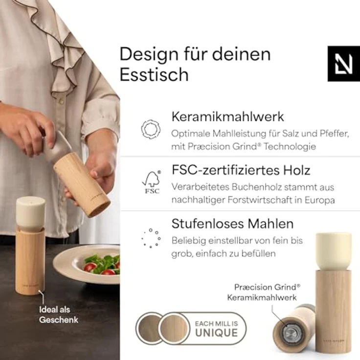 LARS NYSØM Gewürzmühle Ligevægt, 2-teiliges Set mit Premium-Keramikmahlwerk, manuell einstellbarem Mahlgrad und Krümelschutzdeckel – Bild 2
