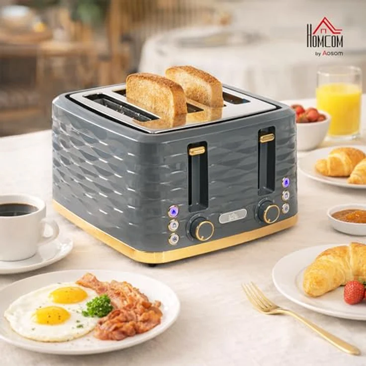 HOMCOM 4-Scheiben-Toaster mit 7 Bräunungsstufen, High-Lift, grau, automatische Abschaltung, Herausnehmbare Krümelschublade, 1860W – Bild 2