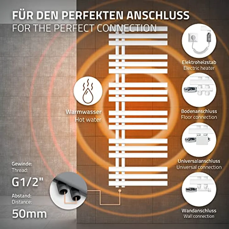 ECD Germany Iron EM, Design Badheizkörper elektrisch mit Heizstab 900 W, 500 x 1400 mm, weiß, Handtuchwärmer mit Montagezubehör – Bild 5