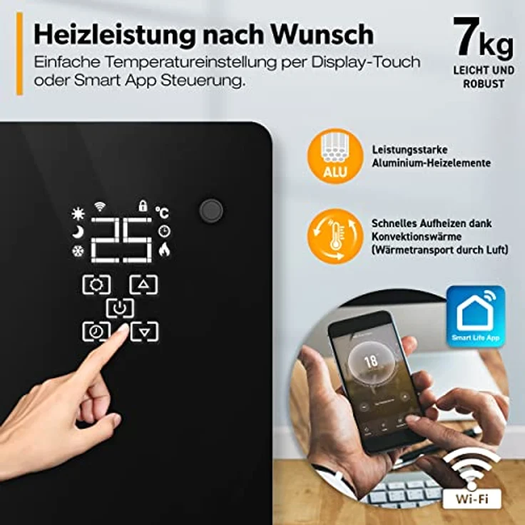 TRESKO Elektroheizung Schwarz 1500W inkl. WiFi & APP Glaskonvektor Konvektor Wand Heizung Glas Heizkörper Bad, Konvektor – Bild 4