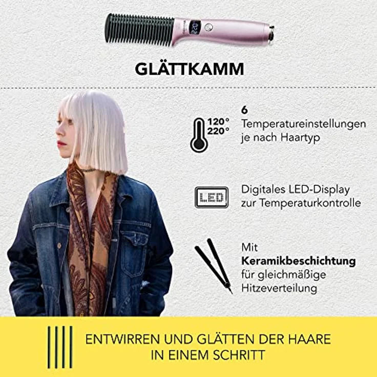 Carrera Set Glättbürste und Welleneisen – Neuheit: Kabel abnehmbar, Haarglätter Bürste, Keramikbeschichtung, Kreppeisen, Temperatur einstellbar, für Beach-Waves, Hause & Reisen - Flieder – Bild 5