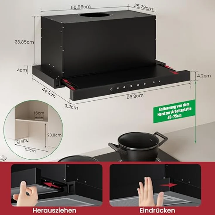 LEVIVO Flachschirmhaube 60cm, A+++ Dunstabzugshaube mit 750 m³/h, Umluft & Abluft, 3 Stufen, 2 Booster, Edelstahl Design, 2 Aktivkohlefilter, 2 Fettfilter – Bild 5